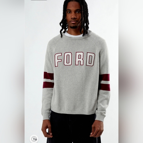 PACSUN X FORD HEATHERED GREY STRIPED CREW NECK SWEATER. SIZE LARGE. - Picture 1 of 9